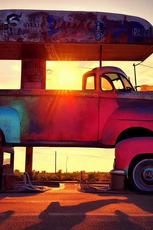 Image similar to a sunset light landscape with historical route 6 6, lots of sparkling details and sun ray ’ s, blinding backlight, smoke, volumetric lighting, colorful, octane, 3 5 mm, abandoned gas station, old rusty pickup - truck, beautiful epic colored reflections, very colorful heavenly, softlight