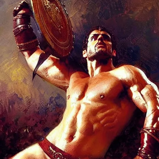 Prompt: Henry Cavill as a roman warrior, muscular, thighs!!!!, painting by Gaston Bussiere, Craig Mullins