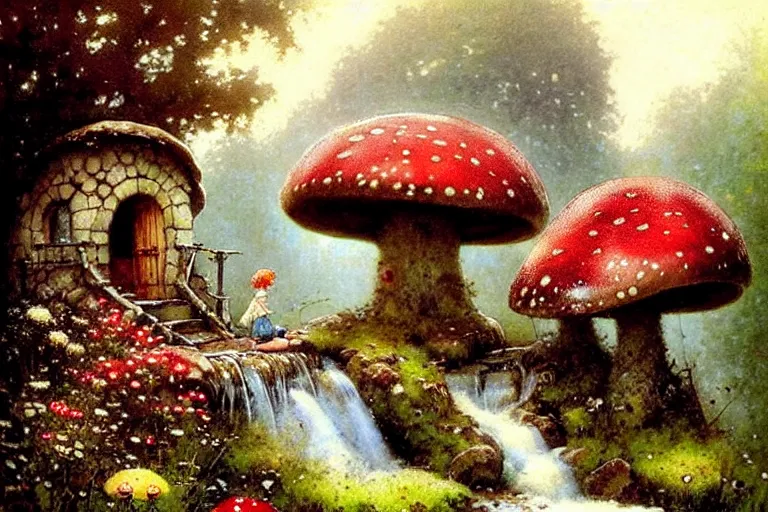 Image similar to adventurer ( ( ( ( ( 1 9 5 0 s retro future forrest of giant mushrooms, moss and flowers stone bridge waterfall and cottage. muted colors. ) ) ) ) ) by jean baptiste monge!!!!!!!!!!!!!!!!!!!!!!!!! chrome red