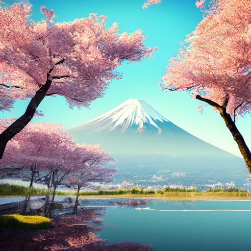 Prompt: a cinematic shot of mount fuji and cherry blossom trees and it's leaves falling on a breezy sunset, 4 k, unreal engine 6,