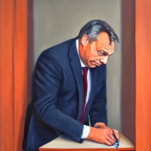 Prompt: viktor orban fixing his tie in a cubicle, oil painting