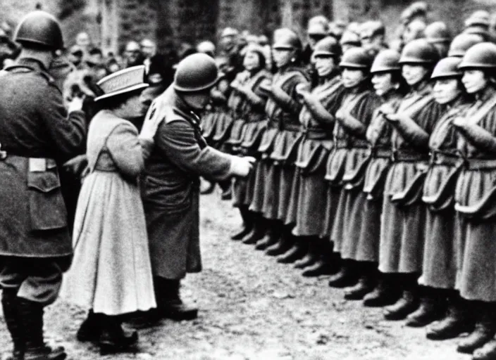 Image similar to ultra wide 1 9 4 6 blurry historical far away photo a german general surrendering to young queen elizabeth in a french village, her corgis are nearby highly detailed, sharp focus