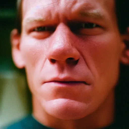 Image similar to A close-up of a John Cena face, captured in low light with a soft focus. There is a gentle pink hue to the image, and the woman’s features are lightly blurred. Cinestill 800t