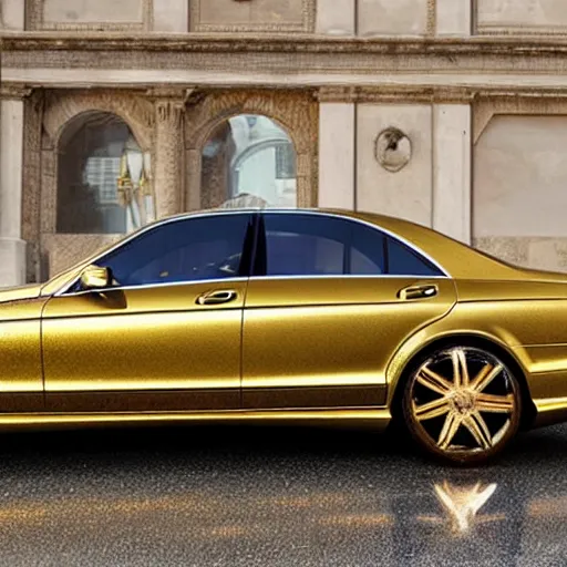 Prompt: an extremely luxurious golden mercedes adorned with diamonds