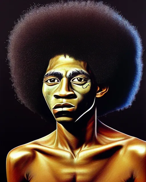 Image similar to A extremely ultra highly detailed majestic hi-res beautiful immaculate head and shoulders award winning painting stunning masterpiece of the face of a strong black african warrior man with an afro by Jean-Michel Basquiat, 8k, high textures, ultra hyper sharp, insanely detailed and intricate, super detailed, 8k HDR ultra high quality