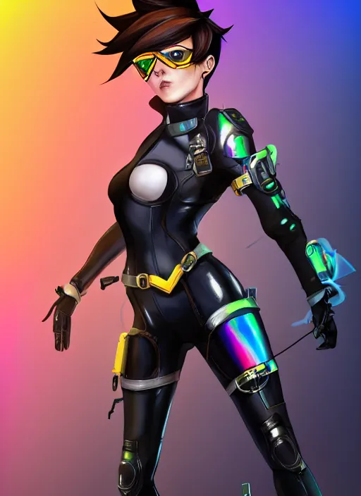 Image similar to full body digital artwork of tracer overwatch, wearing black iridescent rainbow latex, 4 k, expressive happy smug expression, makeup, in style of mark arian, wearing detailed black leather collar, wearing sleek armor, black leather harness, expressive detailed face and eyes,