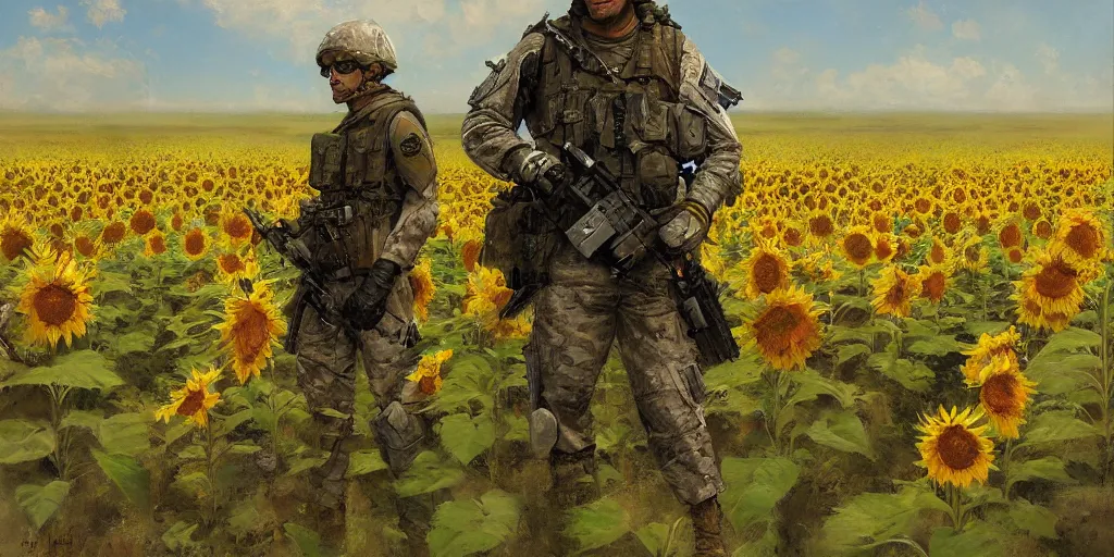 Prompt: Special forces soldier stands in a sunflower field by Daniel F. Gerhartz and Craig Mullins