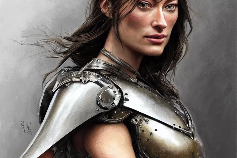 Image similar to a finely detailed portrait of Olivia Wilde, clothed in battle armor, olive skin, long dark hair, beautiful bone structure, symmetrical facial features, intricate, elegant, digital painting, trending on Artstation, concept art, smooth, sharp focus, illustration, from Metal Gear by Ruan Jia and Mandy Jurgens and Artgerm and and william-adolphe bouguerea, award winning