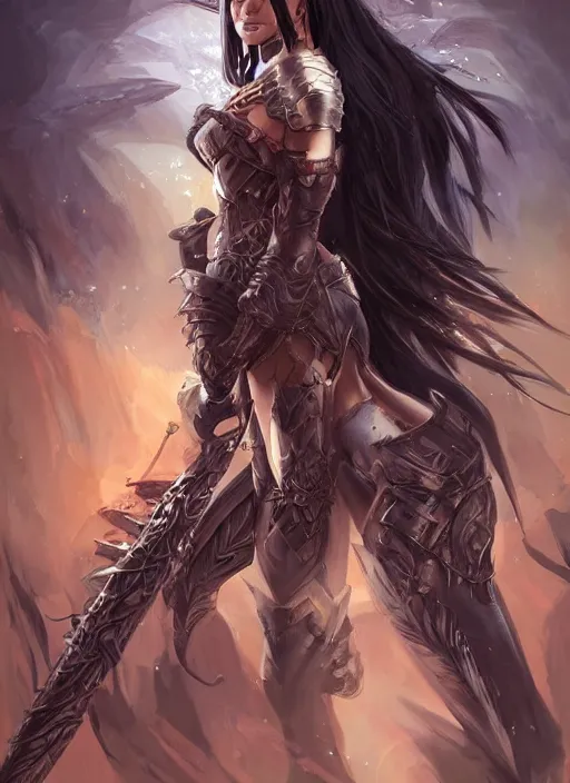 Image similar to beautiful warrior lady, black long hair, practical armor, brown skin, demonic eyes, low fantasy, extremely detailed, sharp focus, smooth, digital illustration, by rossdraws, frank franzzeta, sakimichan