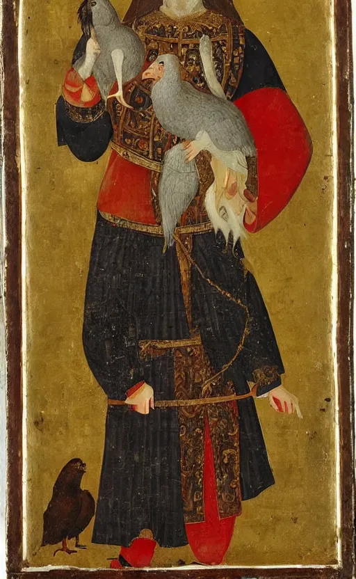 Image similar to portrait of a serbian king holding his pet dodo, painting, 1 5 th century, high quality,