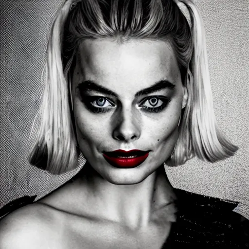 Image similar to a beautiful medium - shot of margot robbie as harley quinn looking for into the distance, beautiful backlight, focus on her face, bokeh, by terry richardson