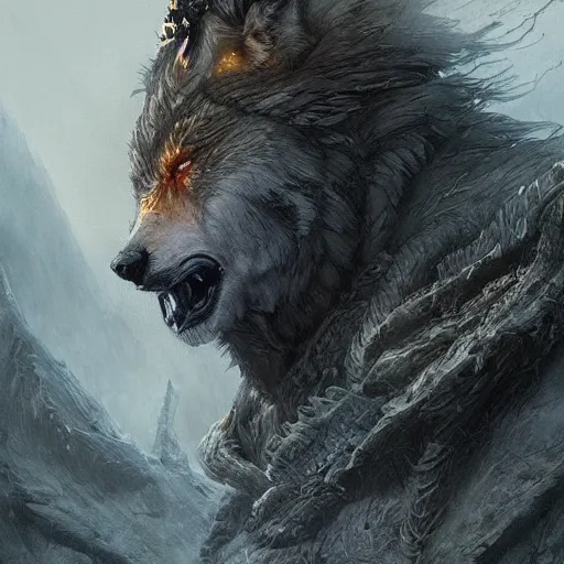 Image similar to king of wolves, elden ring, by artgerm, by greg rutkowski and zdizslaw beksinski, trending on artstation, octane render