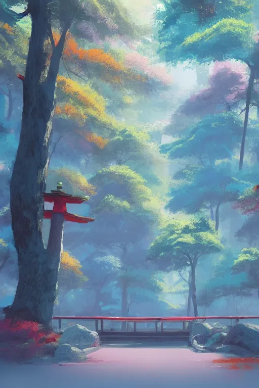 Prompt: traditional Japanese Torii in a colorful magic moutain with trees ,morning , by Grzegorz Rutkowski, concept art