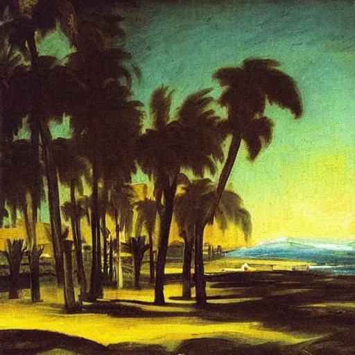 Image similar to a painting francisco goya did when he was obsessed with vaporwave palm trees