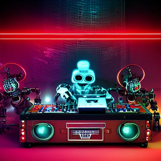 Image similar to album art, the band name is roborock, techno music, band with 3 steampunk futuristic robots on a dj desk with a cd mixer, 8 k, flourescent colors, halluzinogenic, multicolored, exaggerated detailed, front shot, 3 d render, octane