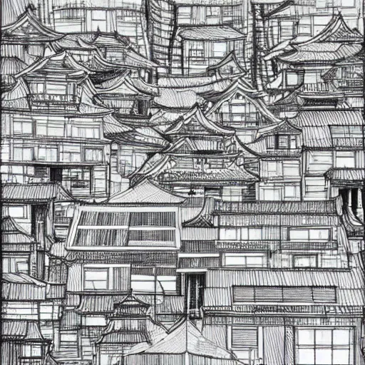 Prompt: highly detailed sketch of a distorted japanese neighborhood in the style of kim jung gi