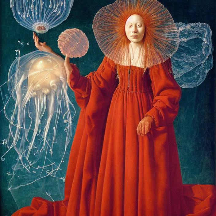 Image similar to a closeup portrait of a cloaked woman floating next to an jellyfish nebula, jellyfish nebula, by jan van eyck