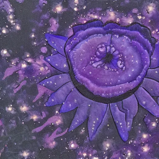 Prompt: detailed, intricate blue black and purple papaverum flower on the field, nebula in the sky