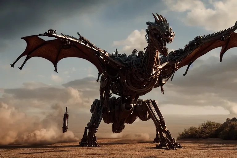 Image similar to cinematic still of westworld, a intact si - fi robotic fantasy dragon, well armored mech dragon, highly detailed