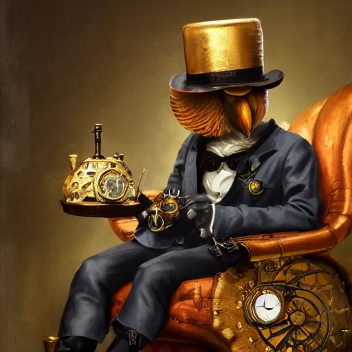 Image similar to oil painting of grumpy rich steampunk owl sitting in fancy chair, wearing top hat, holding gold watch, steampunk factory background, sharp focus, fantasy style, octane render, volumetric lighting, 8k high definition, by greg rutkowski, highly detailed, trending on art Station, magic the gathering artwork, centered, deviantart,