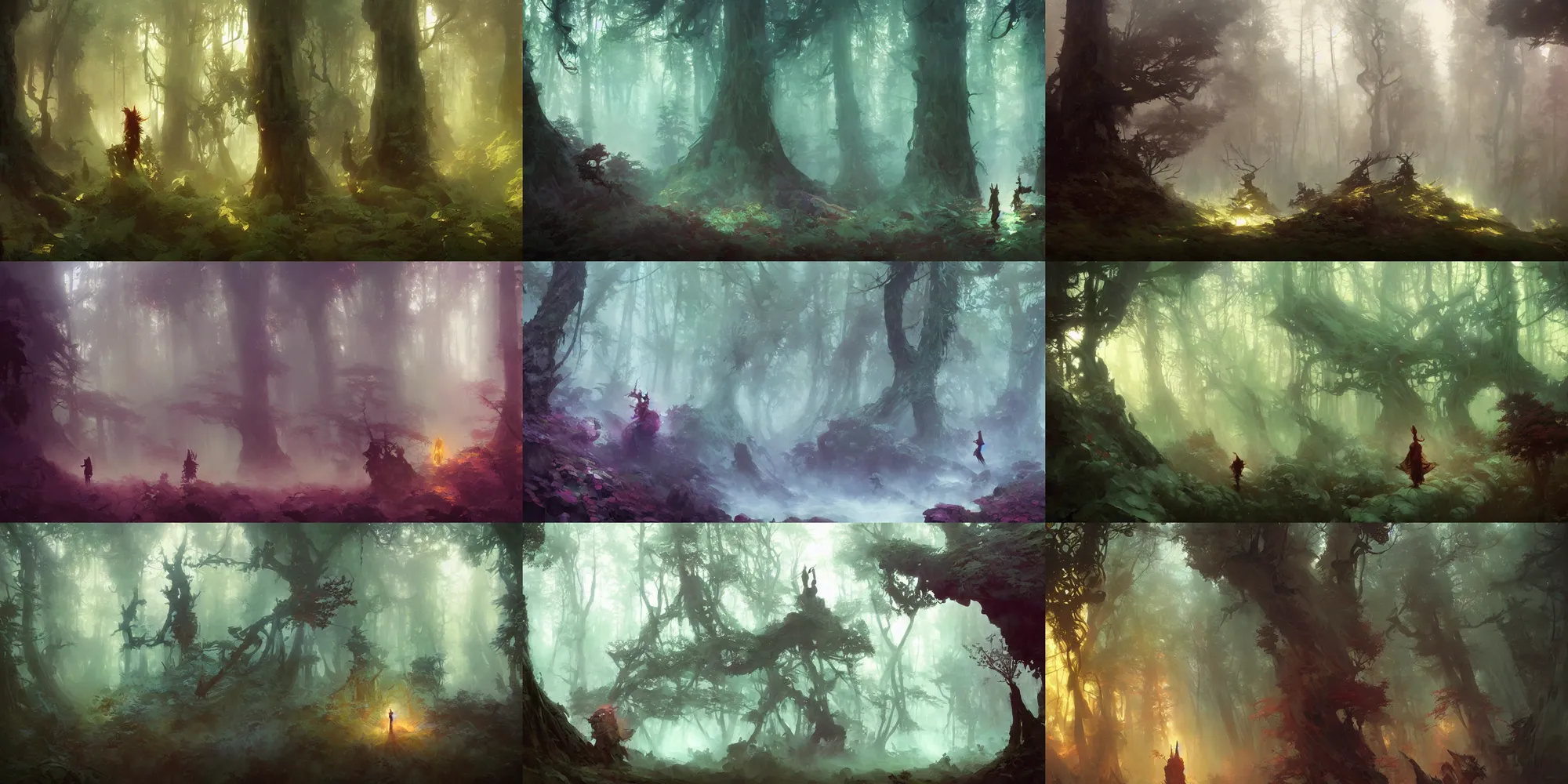 Prompt: mystical forest, fantasy, art by craig mullins, peter mohrbacher, ruan jia, reza afshar, ivan aivazovsky, marc simonetti, victo ngai, alphonse mucha