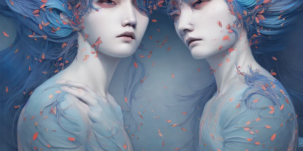 Prompt: breathtaking detailed concept art painting pattern of blue hair faces goddesses amalgamation autumn leaves with anxious piercing eyes, by hsiao - ron cheng and james jean, bizarre compositions, exquisite detail, extremely moody lighting, 8 k