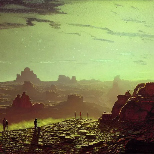 Image similar to adventuring party, enchanted desert plateau melting landscape by John Atkinson Grimshaw, night time, lights in distance, Greg Rutkowski. trending on artstation, 8k