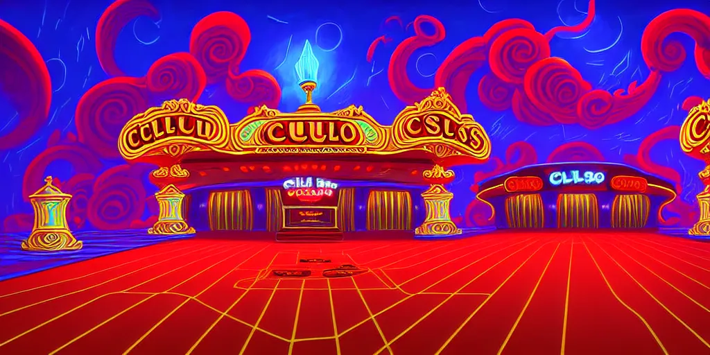 Prompt: curled perspective digital art of curly clouds casino entrance with luxurious red carpet by anton fadeev from nightmare before christmas