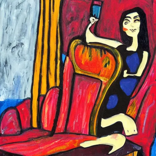 Image similar to painting, expressionist, of a single young girl, alone, with no one else around, sitting alone on her ornate throne, in a black and dark red dress, drinking coffee. she has long dark hair, blue eyes, two arms, two legs, one torso and one head.