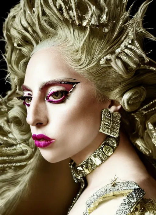 Prompt: lady gaga styled by nick knight posing renaissance style, vogue magazine, highly realistic. high resolution. highly detailed. dramatic. 8 k. 4 k.