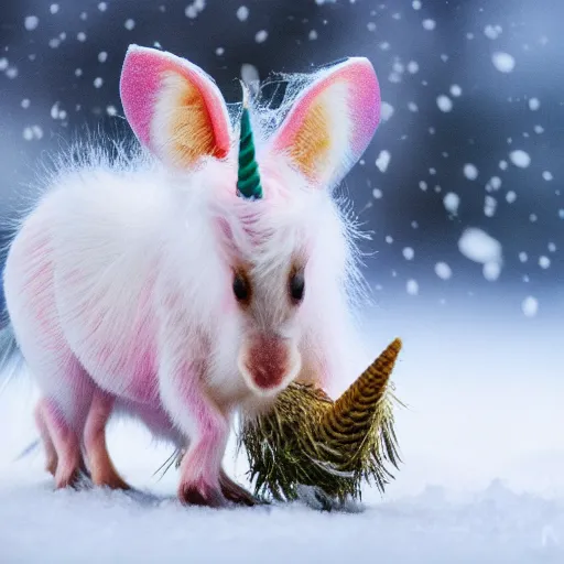 Image similar to unicorn mouse with soft wings searching for food in the snow, macro shot, soft light of winter, award winning photo, national geographic,