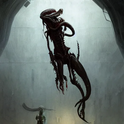 Prompt: xenomorph, dramatic lighting, interior background, artstation, by greg rutkowski, by beksinski, a realism masterpiece