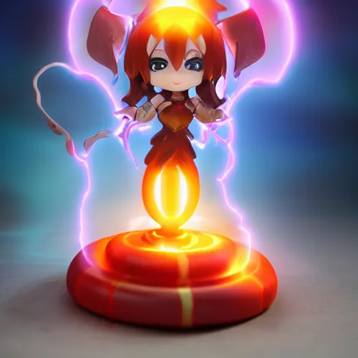 Prompt: cute pvc figure of a chibi sorceress casting flare maxima, the most powerful incinerating spell in the universe, lens flare, motion blur, artstation