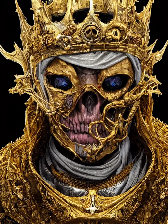 Image similar to portrait art of 8k ultra realistic undead king,detailed gold crown, intricate ornate armour,decaying, cybernetic, full of colour, cinematic lighting, battered, trending on artstation, 4k, hyperrealistic, focused, extreme details,unreal engine 5, cinematic, masterpiece, art by ayami kojima, giger