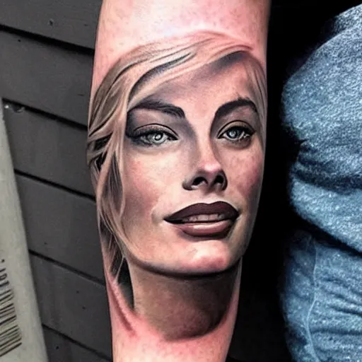 Image similar to realism tattoo design of margot robbie and beautiful mountains mash up, in the style of arlo dicristina, amazing detail, face morph