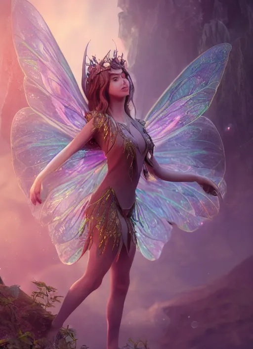 Image similar to beautiful beautiful full body portrait fairy faerie fey fae queen soft highly detailed CGsociety subtle enchanting alluring magical concept art volumetric lighting unreal engine octane render 4k