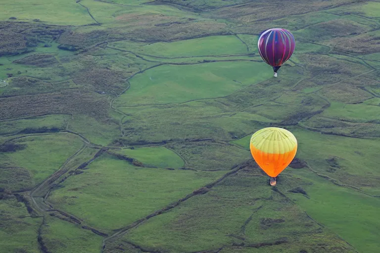 Prompt: aerial photography, scotland, hot air balloon shaped like a hamburger, dusk