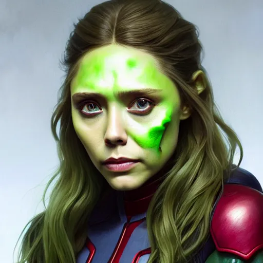 Image similar to portrait painting of elizabeth olsen with green skin and pointy ears wearing sci - fi clothes as a skrull, ultra realistic, concept art, intricate details, eerie, highly detailed, photorealistic, octane render, 8 k, unreal engine. art by artgerm and greg rutkowski and charlie bowater and magali villeneuve and alphonse mucha