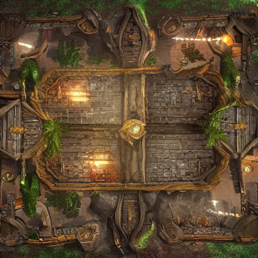 Image similar to D&D tabletop game map of tavern interior from top down view, orc themed, dark, evil looking, very realistic, cinematic lighting, CGI render, trending on artstation