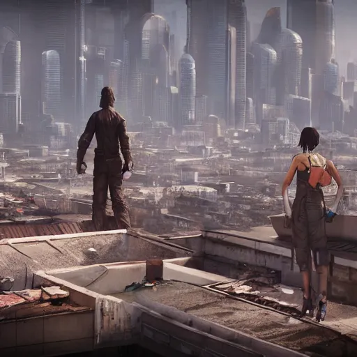 Image similar to two survivors standing on a rooftop with a view of an abandoned dystopian cyberpunk city, award winning, trending on artstation, unreal engine