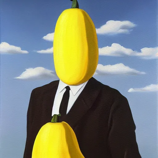 Image similar to banana in suit oil painting magritte