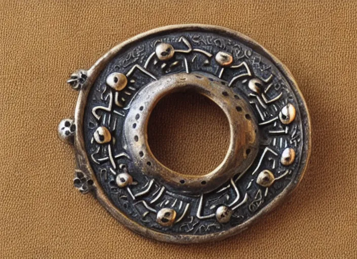 Prompt: “Scandinavian viking age bronze brooch, detailed”