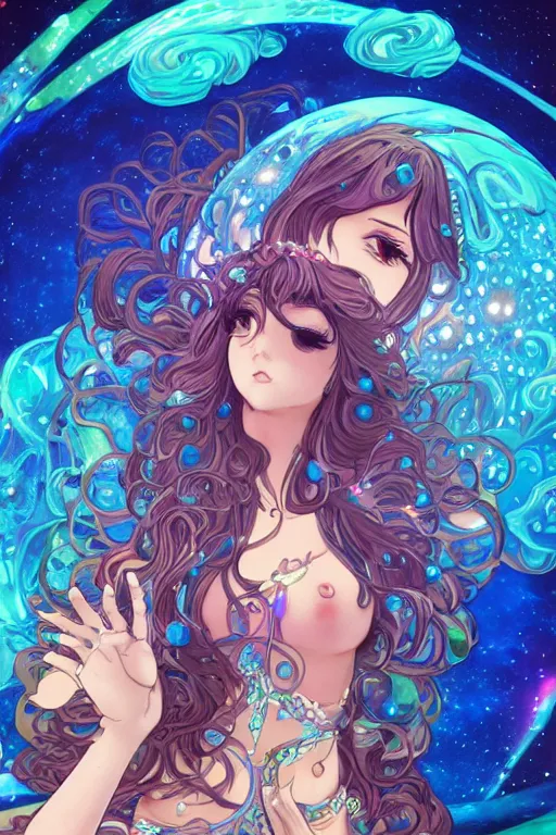 Image similar to psychedelic, intricate, highly detailed, anime, 4k, beautiful seductive slime girl holding a huge orb containing the universe, with professional makeup, long trippy hair, surrounded by gems, underneath the stars, trending on patreon, deviantart, twitter, artstation, volumetric lighting, heavy contrast, by artgerm and Ilya Kuvshinov and alphonse mucha, interstellar galaxy