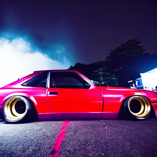 Image similar to a car S30 turbo drift at illegal car meet, Gunma prefecture, midnight mist lights, cinematic color, photorealistic, highly detailed wheels, highly detailed