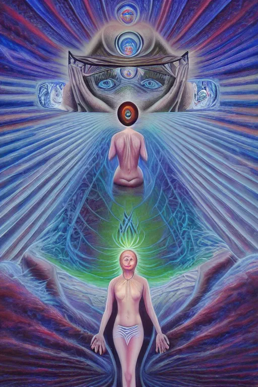 Prompt: transcendental meditation cult woman, opening third eye, chakra energy waves resonating from her body, ethereal aura, epic surrealism 8k oil painting, portrait, perspective, high definition, post modernist layering, by Raymond Swanland, Barclay Shaw, Alex Grey