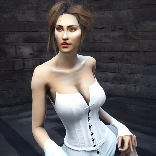 Image similar to apex's loba!!!, wearing white corset top, portrait, photorealistic, unreal engine 5, ray tracing, natural shaders