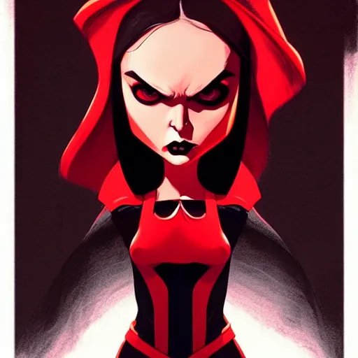 Image similar to rafael albuquerque comic art, peter mohrbacher, phil noto, artgerm, pretty evil elizabeth olson witch, black and red dress, symmetrical eyes