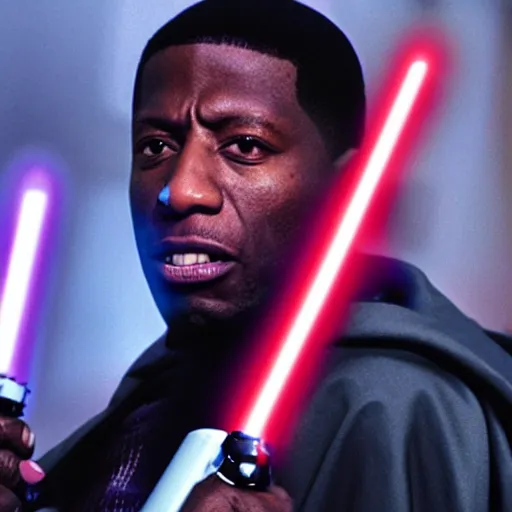 Image similar to gucci mane holding a lightsaber as mace windu in star wars episode 3, 8k resolution, full HD, cinematic lighting, award winning, anatomically correct