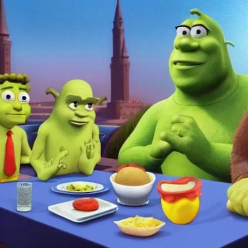 Prompt: mark zuckerberg, 3d spongebob and shrek in the last supper