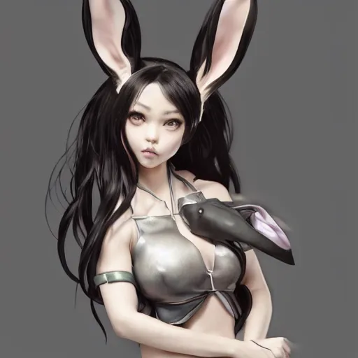 Image similar to sage ( valorant ), wearing a bunny suit, cg animation, riot entertainment, arcane, long ponytail black hair, realistic, character select portrait, ultrafine hyperrealistic detailed face illustration by kim jung gi, by artgerm, greg rutkowski, alphonse mucha, 3 d, pixiv, full body